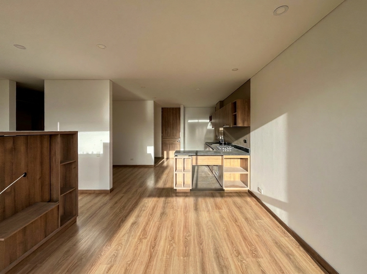 Sala tipo loft con mueble divisor en madera y cocina abierta al fondo